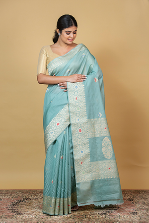 Powder Blue Kora Silk Saree — Kadwa Meena Booti
