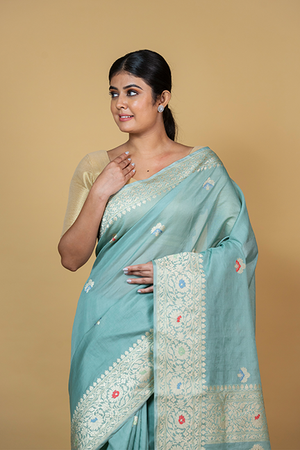 Powder Blue Kora Silk Saree — Kadwa Meena Booti