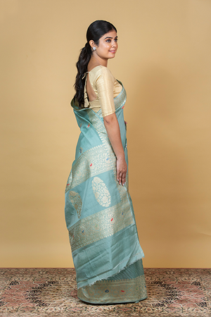Powder Blue Kora Silk Saree — Kadwa Meena Booti