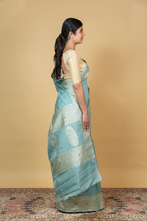Powder Blue Kora Silk Saree — Kadwa Meena Booti