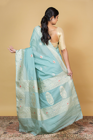 Powder Blue Kora Silk Saree — Kadwa Meena Booti