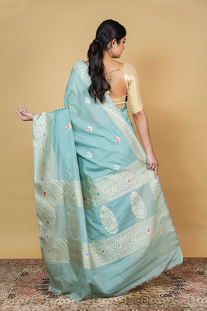 Powder Blue Kora Silk Saree — Kadwa Meena Booti
