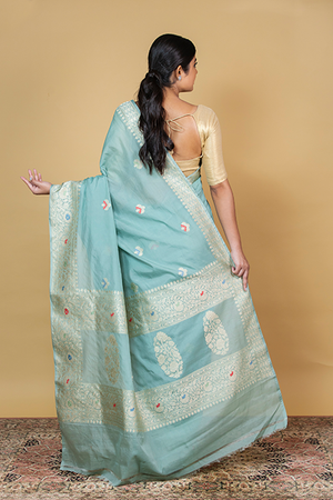 Powder Blue Kora Silk Saree — Kadwa Meena Booti