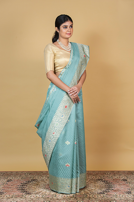 Powder Blue Kora Silk Saree — Kadwa Meena Booti