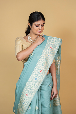 Powder Blue Kora Silk Saree — Kadwa Meena Booti