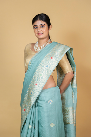 Powder Blue Kora Silk Saree — Kadwa Meena Booti