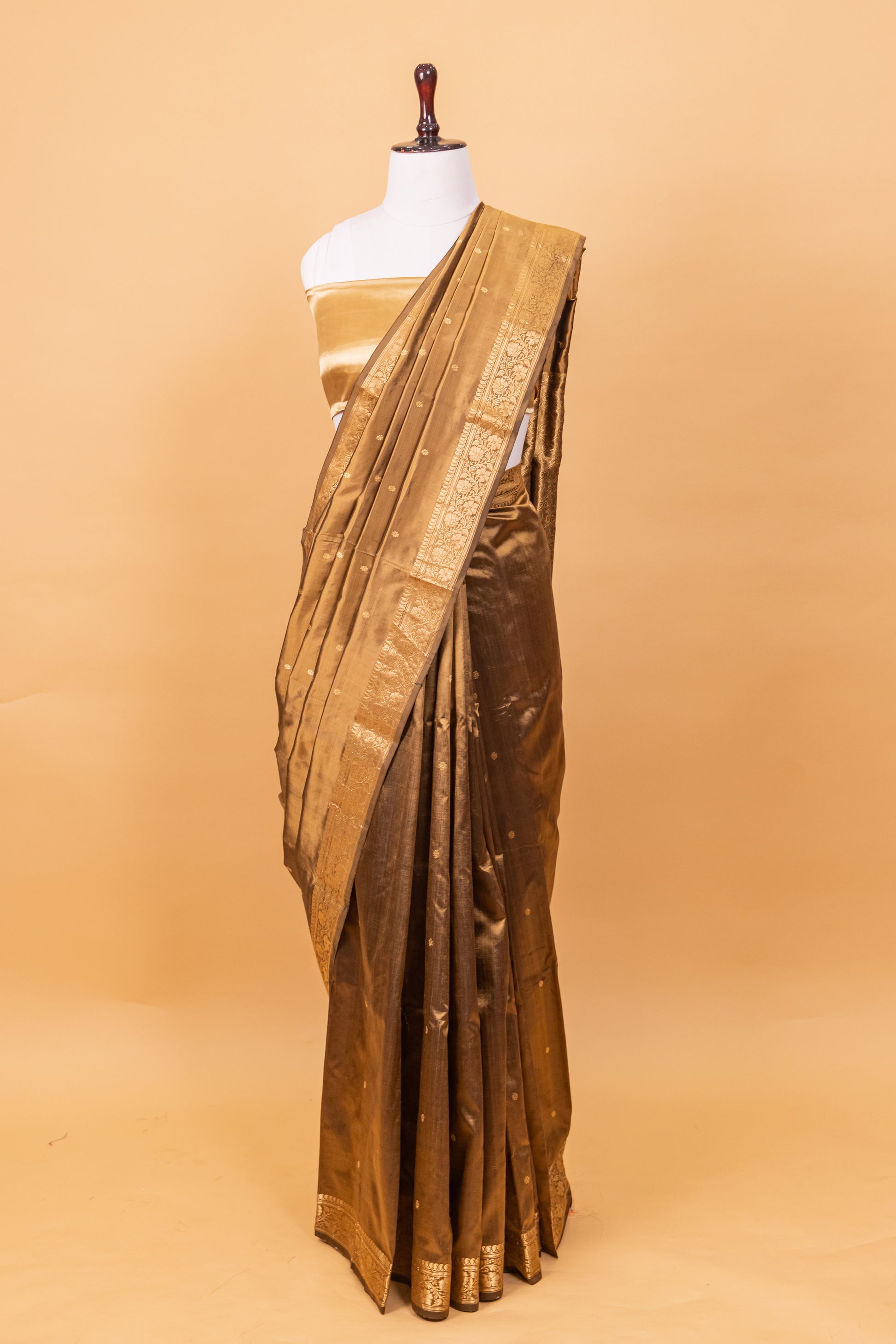 Khaki Katan Pure Silk Kadhwa Saree