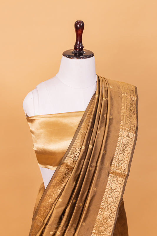 Khaki Katan Pure Silk Kadhwa Saree - Panaya 