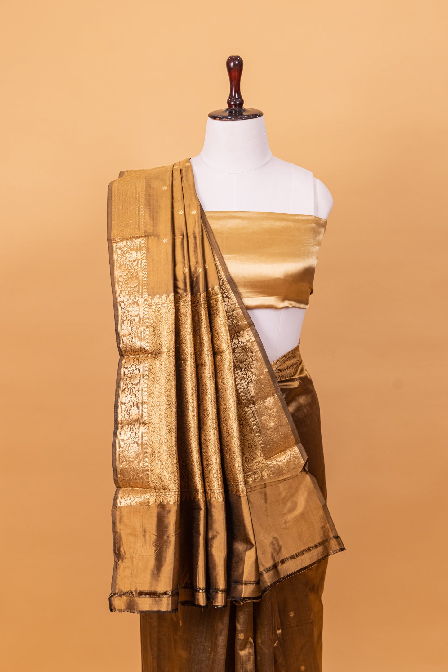 Khaki Katan Pure Silk Kadhwa Saree - Panaya 