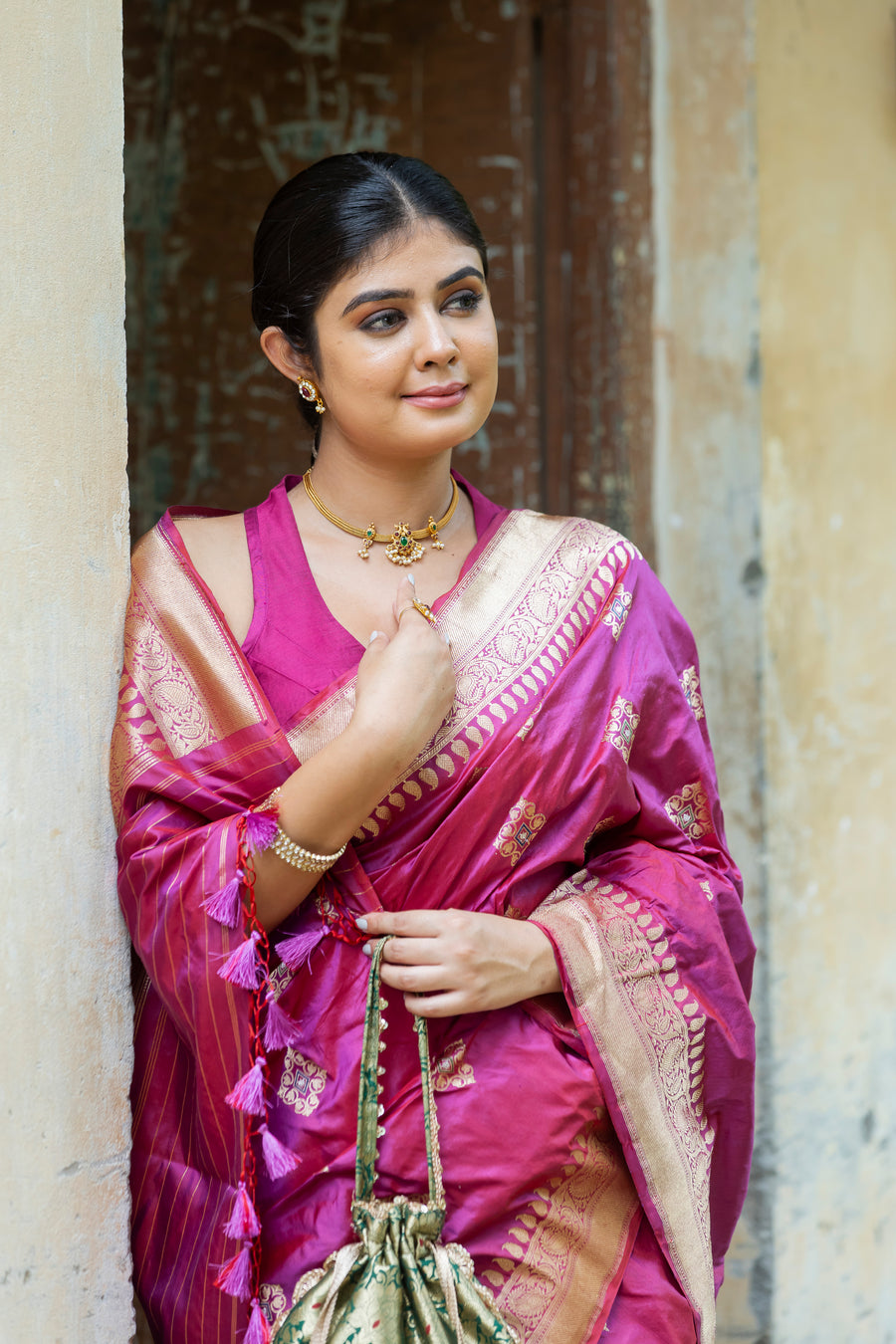 Magenta Katan Silk Saree — Kadwa Booti