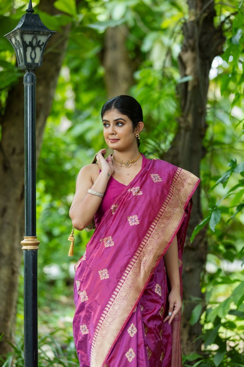 Magenta Katan Silk Saree — Kadwa Rombus Boota