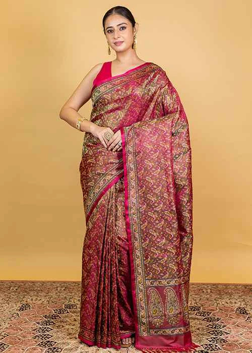 Hot Pink Katan Silk Saree — Tanchui Meena Jaal