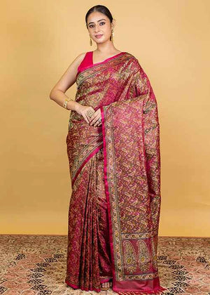 Hot Pink Katan Silk Saree — Tanchui Meena Jaal