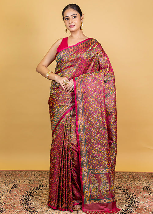 Hot Pink Katan Silk Saree — Traditional Booti