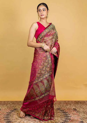 Hot Pink Katan Silk Saree — Tanchui Meena Jaal