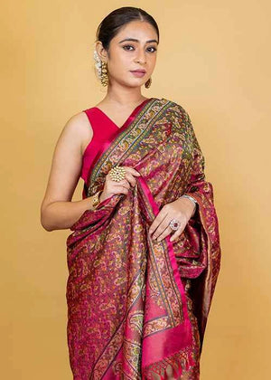 Hot Pink Katan Silk Saree — Tanchui Meena Jaal