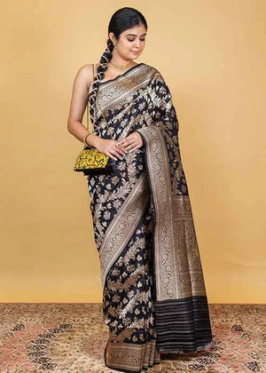 Black Katan Silk Saree — Cut Work Booti