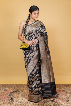 Black Katan Silk Saree — Cut Work Booti