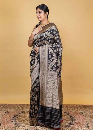 Black Katan Silk Saree — Cut Work Booti