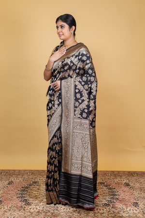 Black Katan Silk Saree — Cut Work Booti