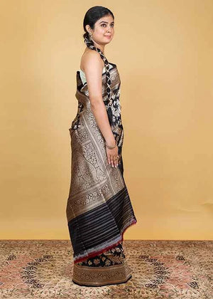 Black Katan Silk Saree — Cut Work Booti
