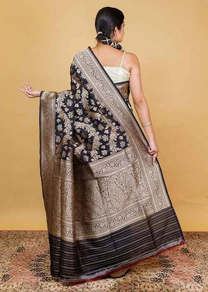Black Katan Silk Saree — Cut Work Booti
