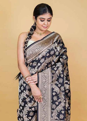 Black Katan Silk Saree — Cut Work Booti