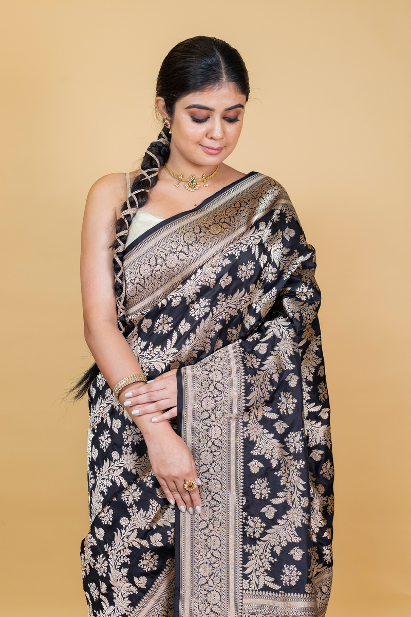Black Katan Silk Saree — Cut Work Booti