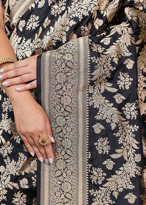 Black Katan Silk Saree — Cut Work Booti