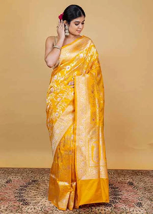 Yellow Katan Silk Saree — Cut Work Booti