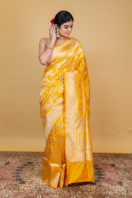 Yellow Katan Silk Saree — Cut Work Meena Jaal