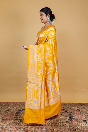 Yellow Katan Silk Saree — Cut Work Meena Jaal