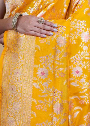 Yellow Katan Silk Saree — Cut Work Booti