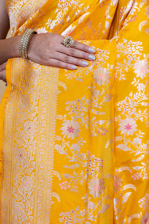 Yellow Katan Silk Saree — Cut Work Meena Jaal