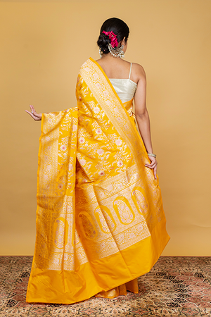 Yellow Katan Silk Saree — Cut Work Meena Jaal