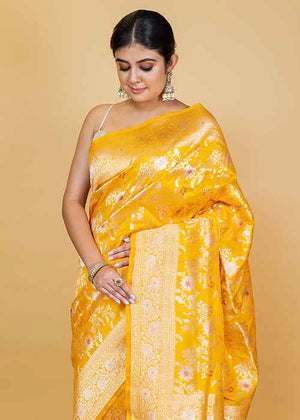 Yellow Katan Silk Saree — Cut Work Booti