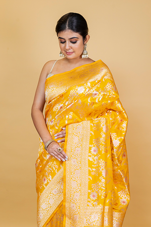 Yellow Katan Silk Saree — Cut Work Meena Jaal