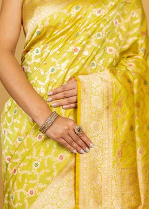 Lemon Green Katan Silk Saree — Cut Work Booti