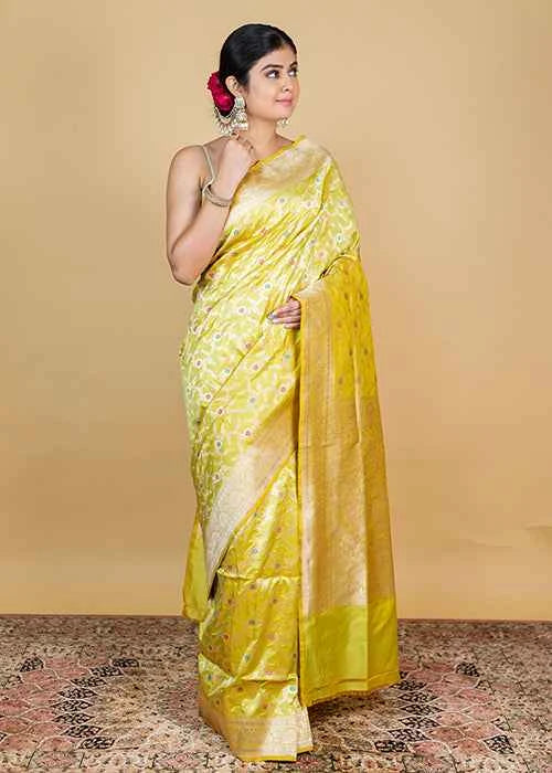 Lemon Green Katan Silk Saree — Cut Work Booti