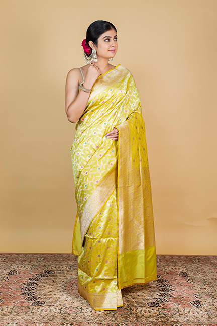 Lemon Green Katan Silk Saree — Cut Work Booti