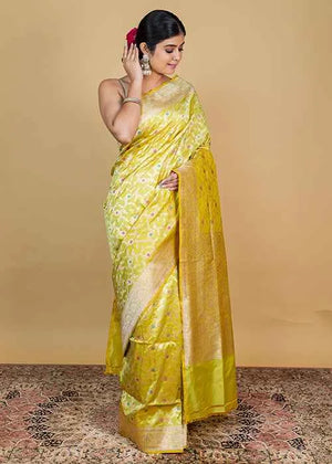 Lemon Green Katan Silk Saree — Cut Work Booti