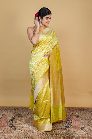 Lemon Green Katan Silk Saree — Cut Work Booti