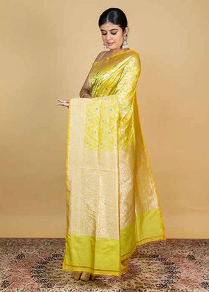 Lemon Green Katan Silk Saree — Cut Work Booti