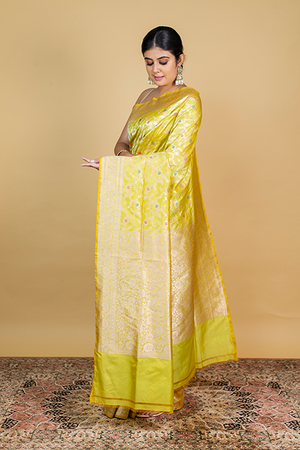 Lemon Green Katan Silk Saree — Cut Work Booti