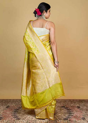 Lemon Green Katan Silk Saree — Cut Work Booti