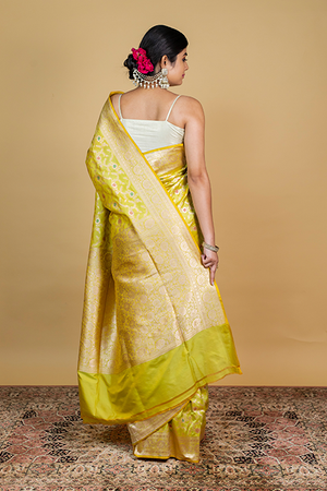 Lemon Green Katan Silk Saree — Cut Work Booti