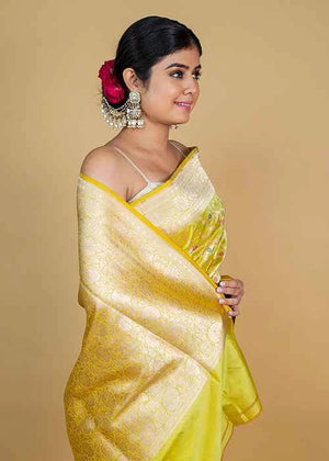 Lemon Green Katan Silk Saree — Cut Work Booti