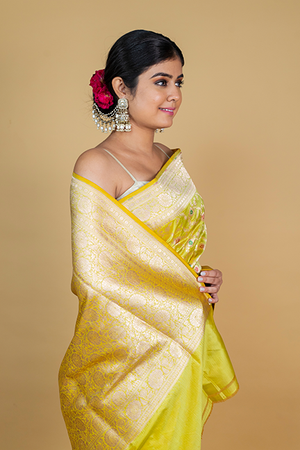 Lemon Green Katan Silk Saree — Cut Work Booti