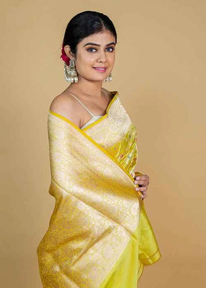 Lemon Green Katan Silk Saree — Cut Work Booti