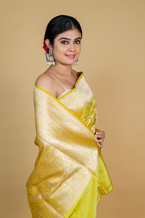 Lemon Green Katan Silk Saree — Cut Work Booti